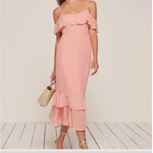 Reformation Odessa Midi Dress in Blush Pink Size 0 Ruffle Cold Shoulder